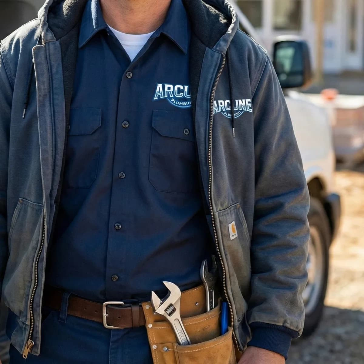 Arcune Plumbing technician on site with tools and branded uniform